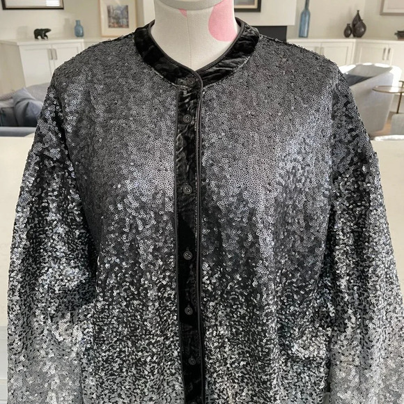 Johnny Was Bohemian Button Down Sequined Jacket Velvet Trim Blk Grey Silv Sz XL - Picture 3 of 14